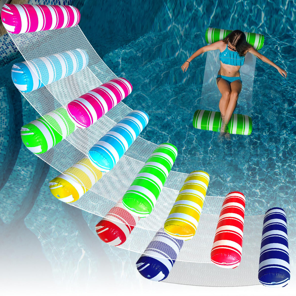 ANNIL blue-white water hammock ideal for relaxed pool lounging.