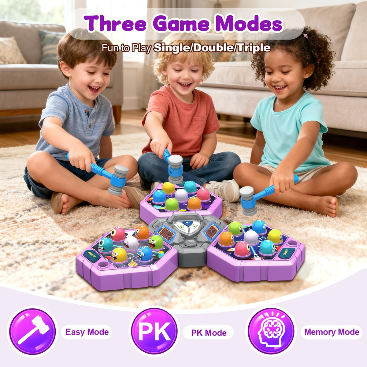 ANNKIE Whack Game Mole multi-player mode supports 1-3 players for shared fun.