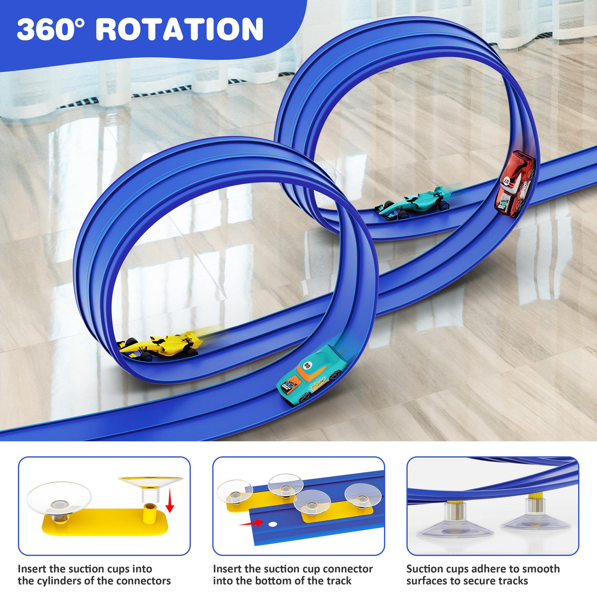 Anoozo suction cups securing the track on glass or tile surfaces for steady play.