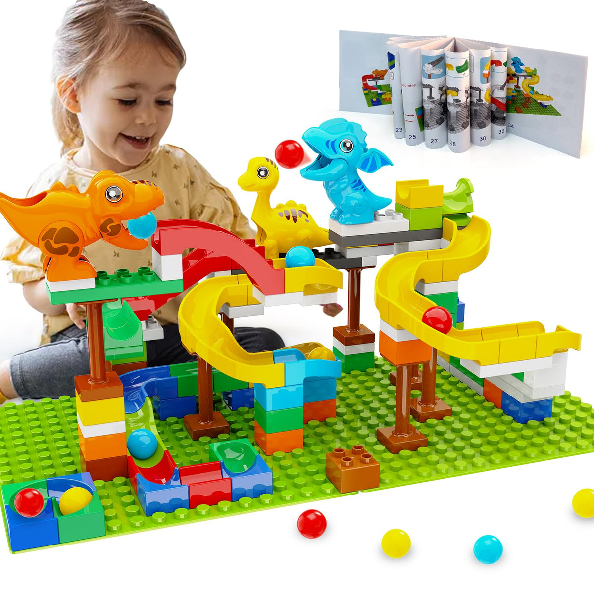 Anpcso dinosaur marble run setup shows colorful pieces ready for imaginative play.