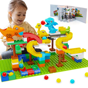 Anpcso dinosaur marble run setup shows colorful pieces ready for imaginative play.