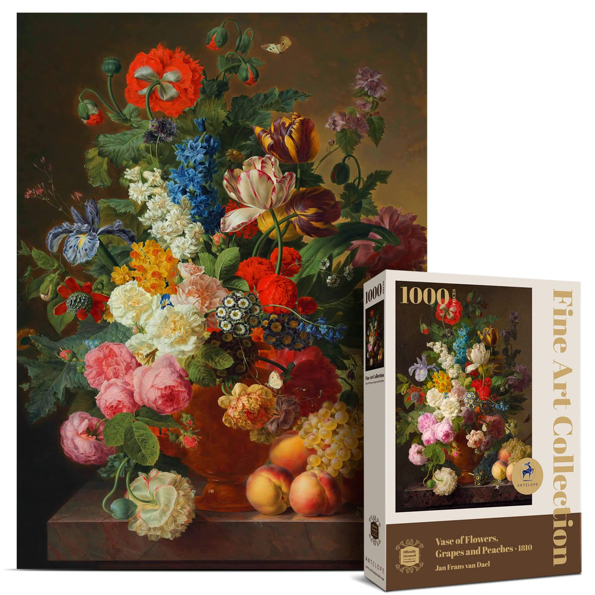 Antelope puzzle cover featuring Jan Frans van Dael vase with flowers, grapes and peaches.