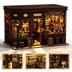 ANTREATU Corner Tavern Book Nook Kit front view with warm glow for cozy display.