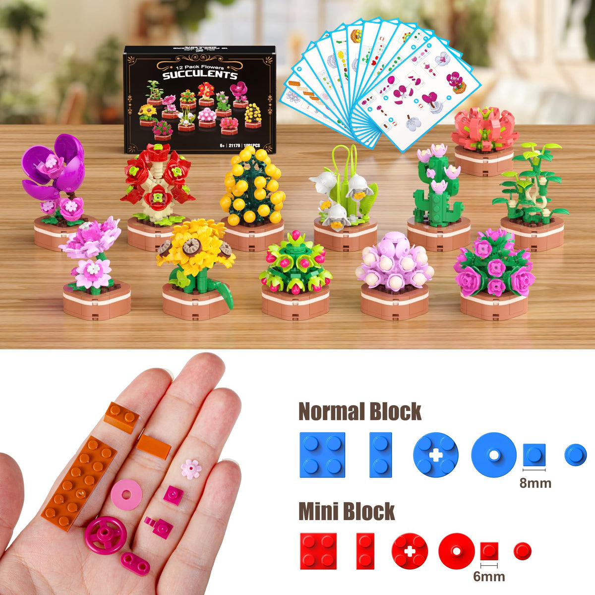 Assembled bonsai blocks showing a lively decorative arrangement