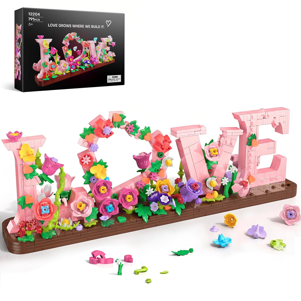 Anvure Love Letters brick art with pink flowers makes a romantic shelf display.