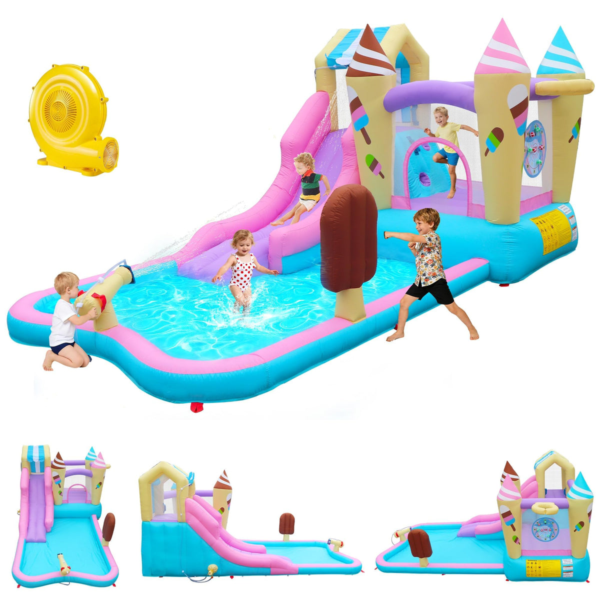 Anypool Ice Cream Castle water slide ideal for backyard fun and cooling relief.