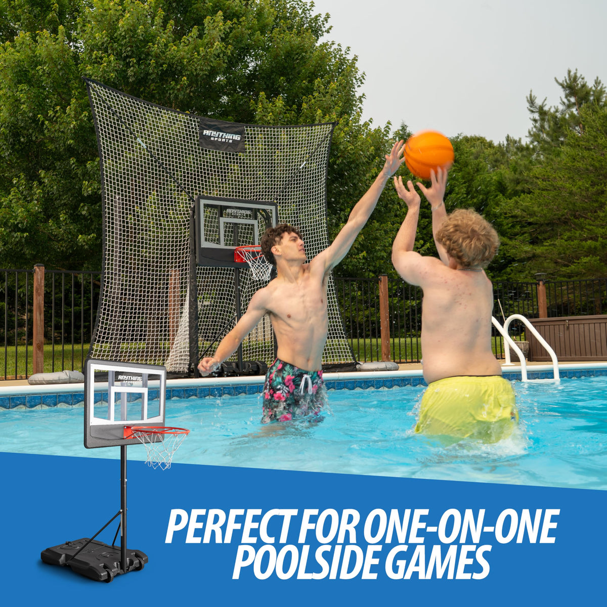 ANYTHING SPORTS 23x33 inch backboard for realistic rebounds and practice by the pool.