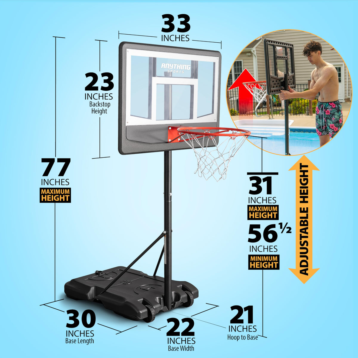 ANYTHING SPORTS adjustable-height hoop suitable for kids, teens, and adults during pool games.