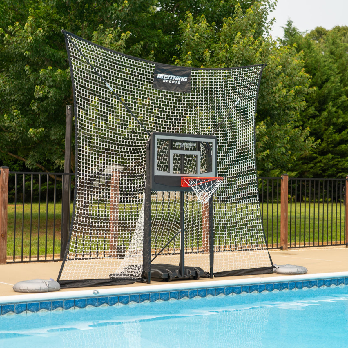 ANYTHING SPORTS pool basketball hoop with backstop catches missed shots for continuous play.