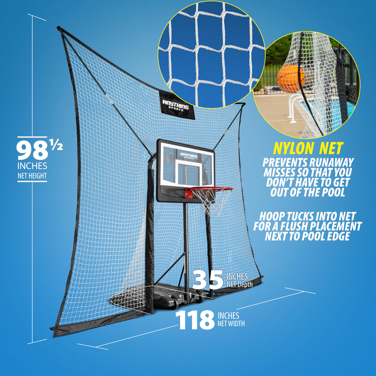 ANYTHING SPORTS poolside setup allows quick placement near in-ground pools without permanent installation.