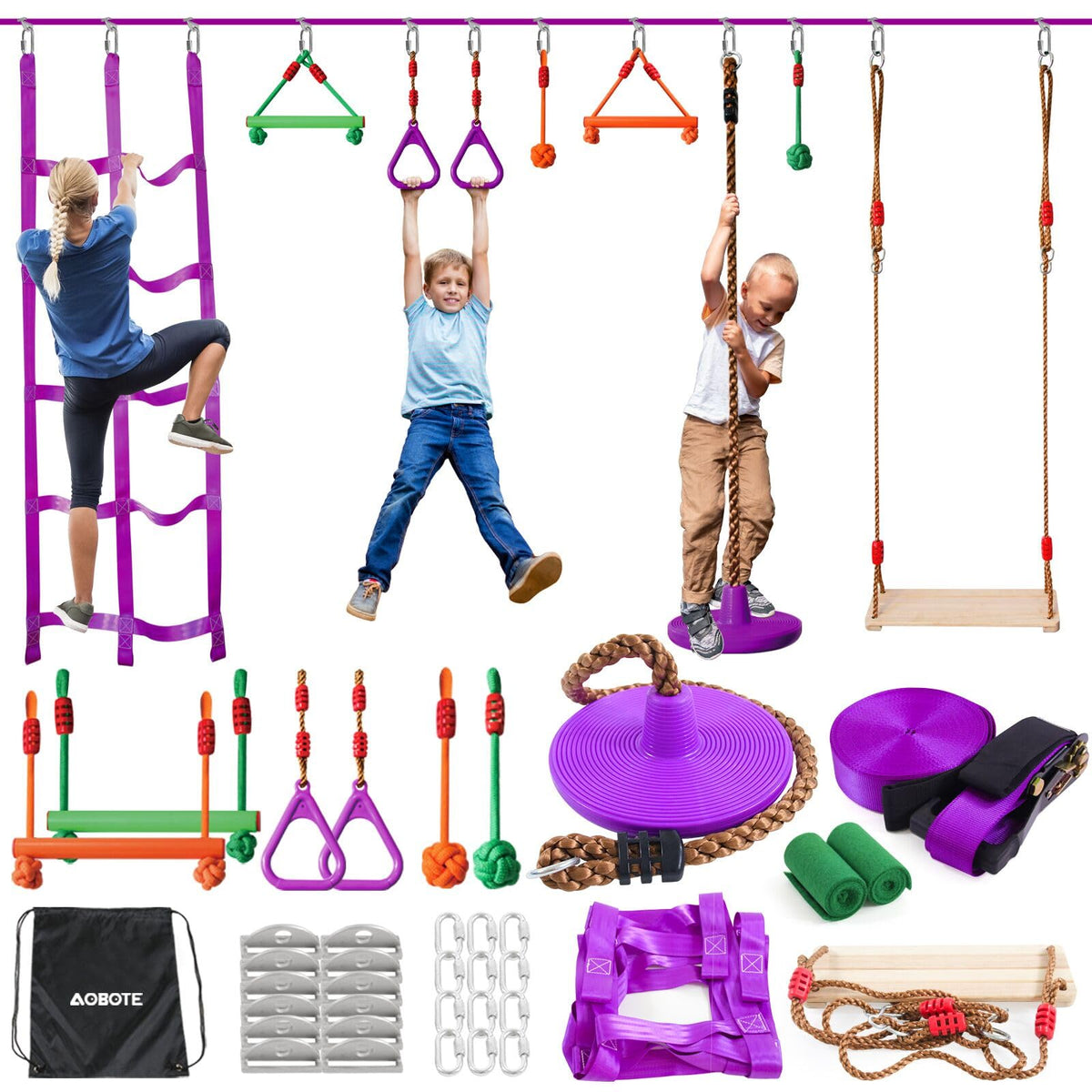 AOBOTE Ninja Slackline 52ft setup boosts balance and confidence for kids.