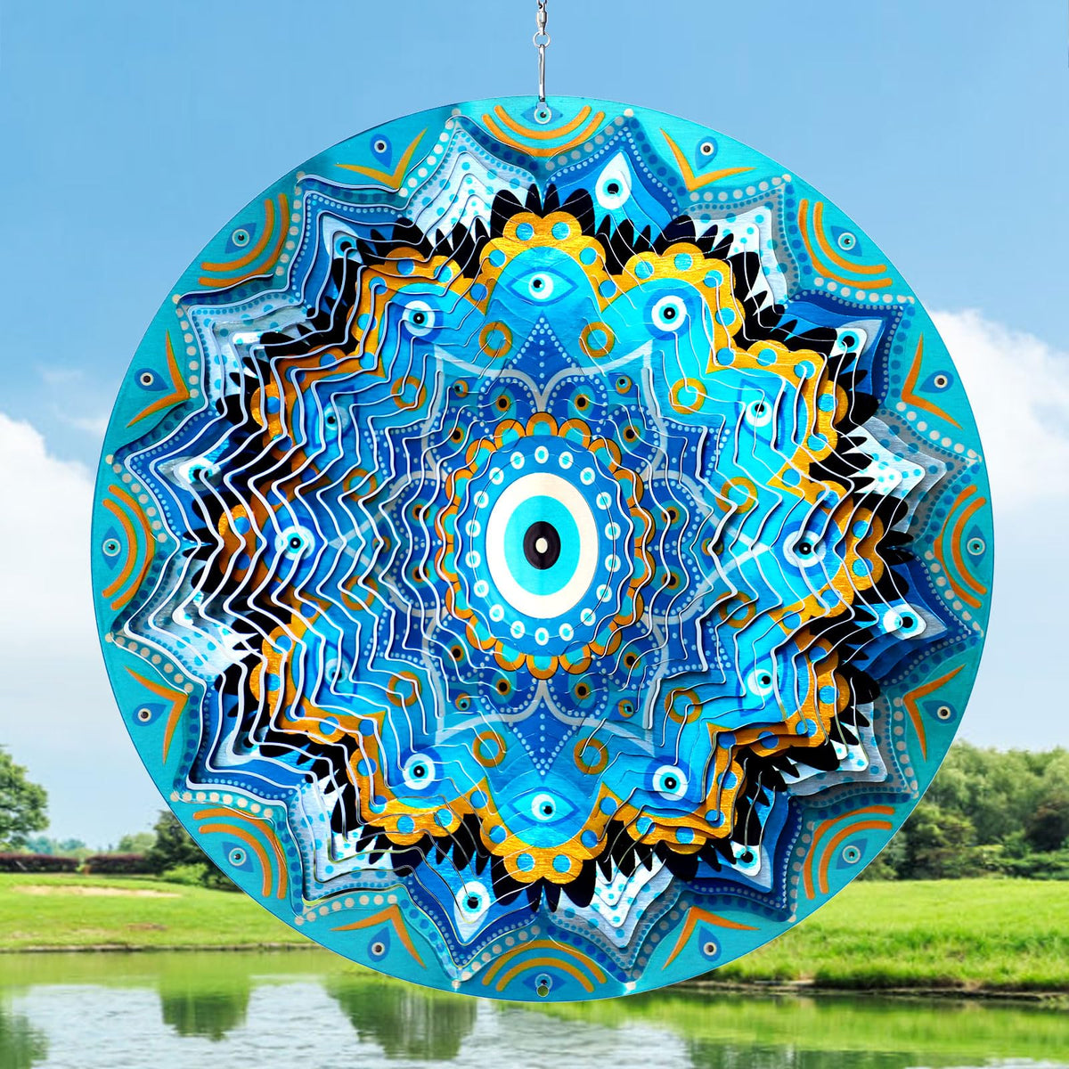 Aoedelyart wind spinner mandala peacock evil eye 12in provides vibrant color reflections for outdoor decor.