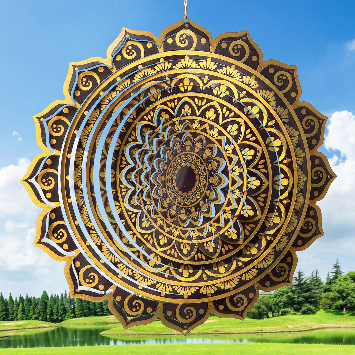 Aoedelyart mandala rich gold wind spinner front view with bright reflections for outdoor decor