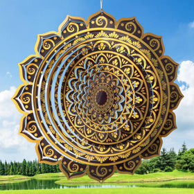 Aoedelyart mandala rich gold wind spinner front view with bright reflections for outdoor decor