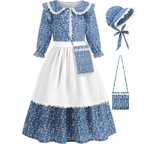 Aoiviss Girls Pioneer Dress with floral blue print for authentic colonial play