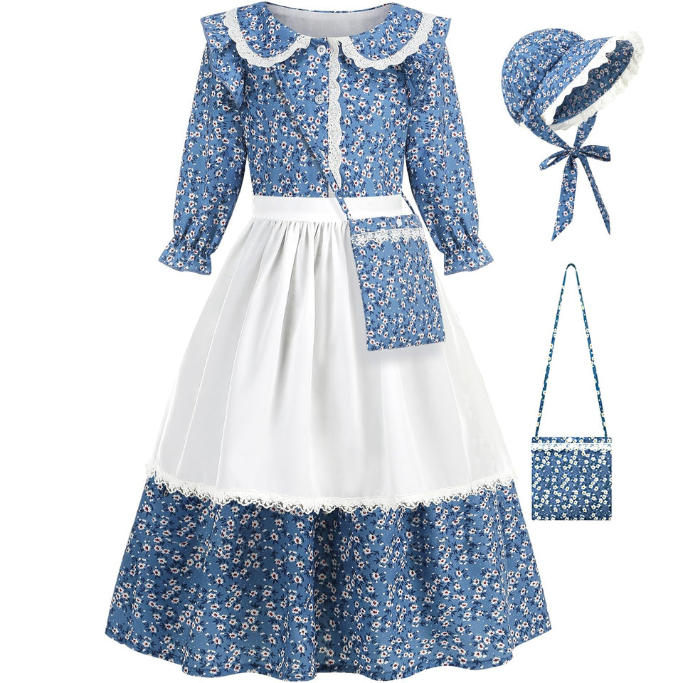 Aoiviss Girls Pioneer Dress with floral blue print for authentic colonial play