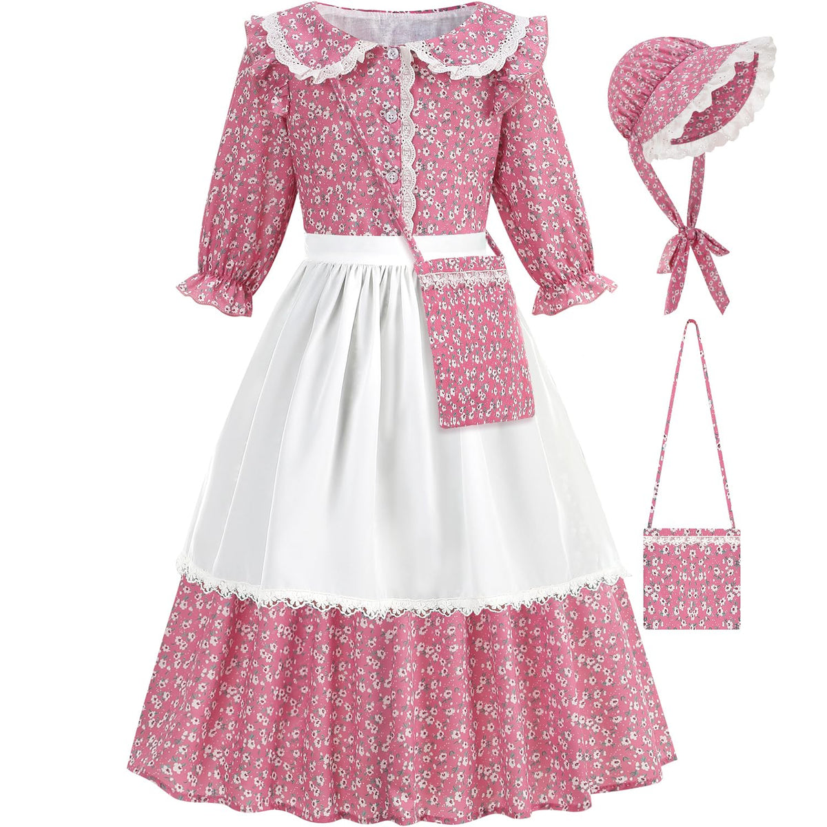 Aoiviss Girls Pioneer Dress with floral print for authentic colonial style and all-day comfort, perfect for school plays.