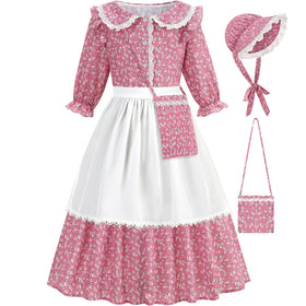 Aoiviss Girls Pioneer Dress with floral print for authentic colonial style and all-day comfort, perfect for school plays.