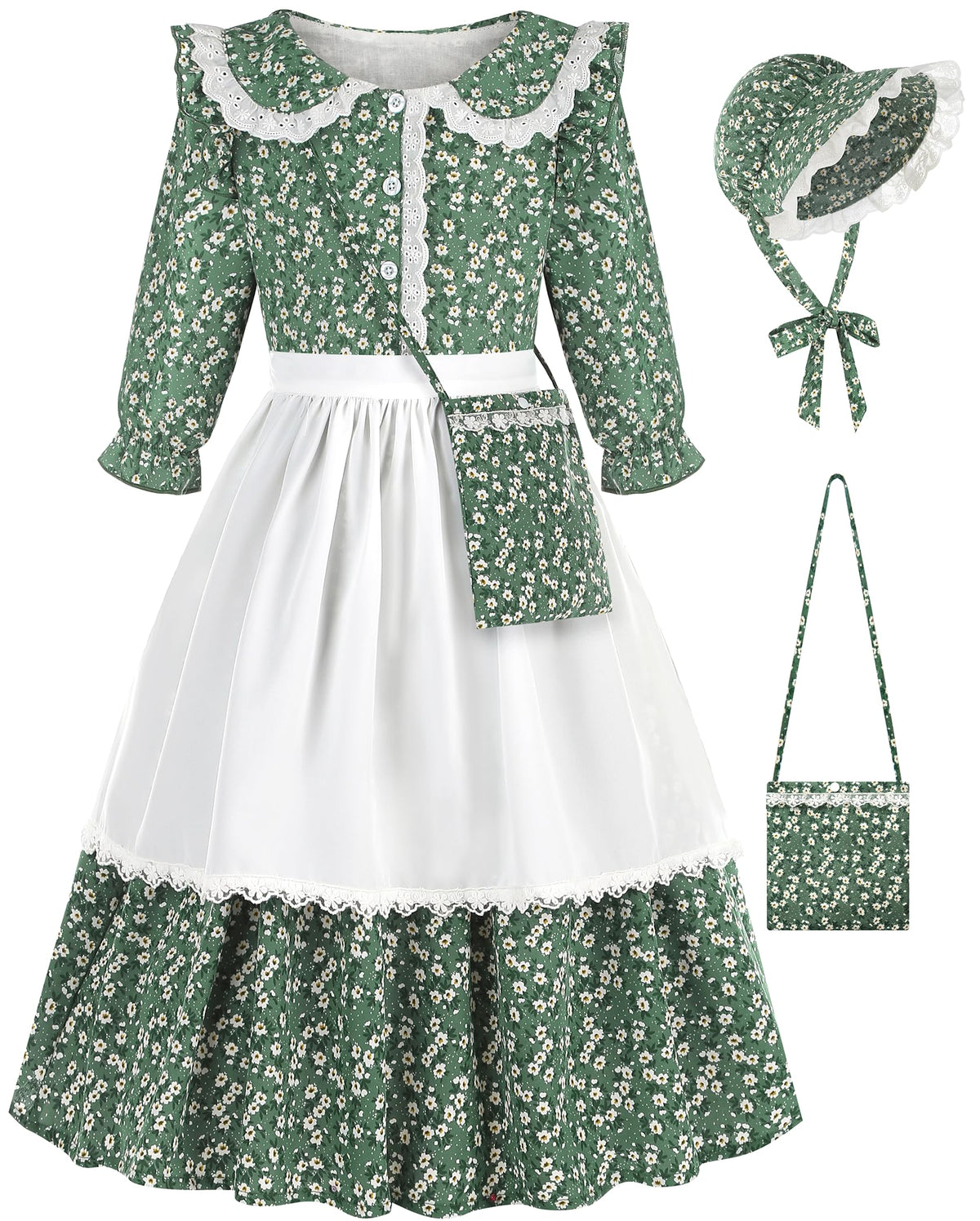 Aoiviss Girls Pioneer Dress green front view for playful colonial reenactments and comfort.