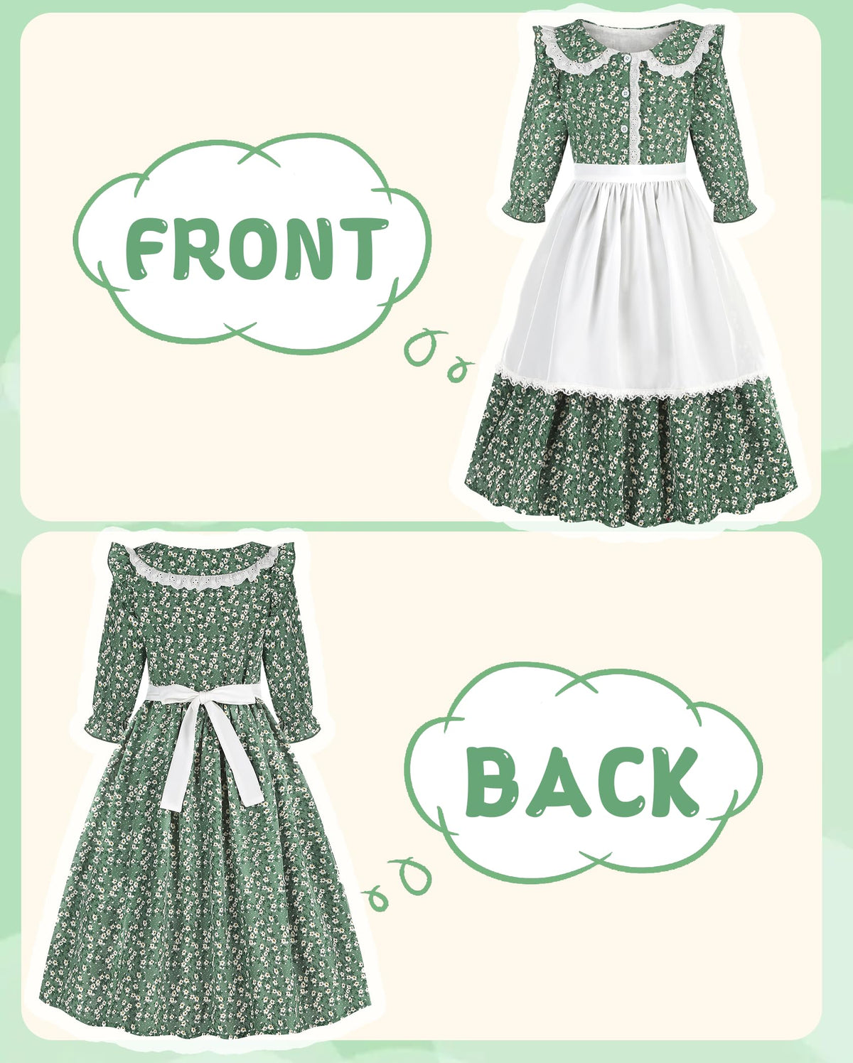 Aoiviss Girls Pioneer Dress green side view highlighting soft, breathable fabric for all-day wear.