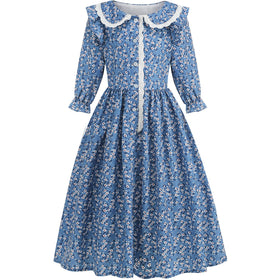Aoiviss Pioneer Dress floral blue apron demonstrates a complete four-piece outfit.