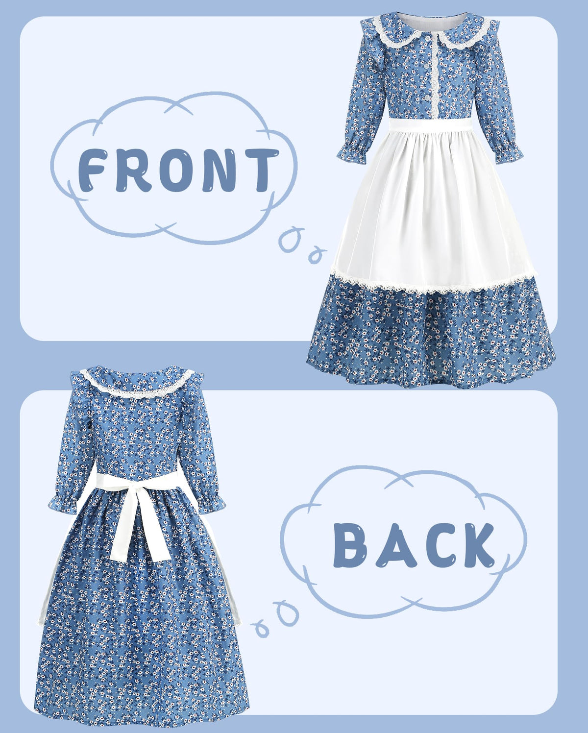 Aoiviss Pioneer Dress blue back view emphasizes comfortable, flowing silhouette.