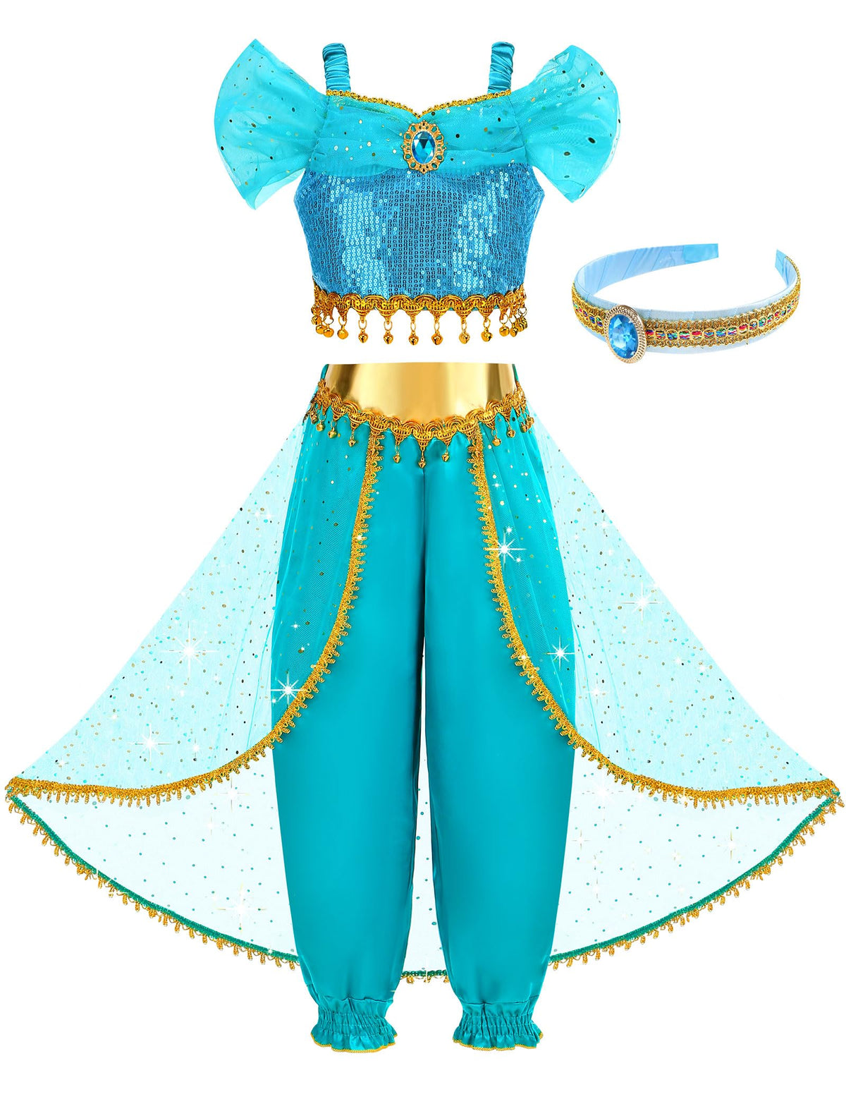 Aolliya Princess Costume blue sequin crop top for an eye-catching Arabian look.