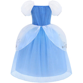Aolliya Princess Dress blue puff sleeves back view with elegant lace trims.