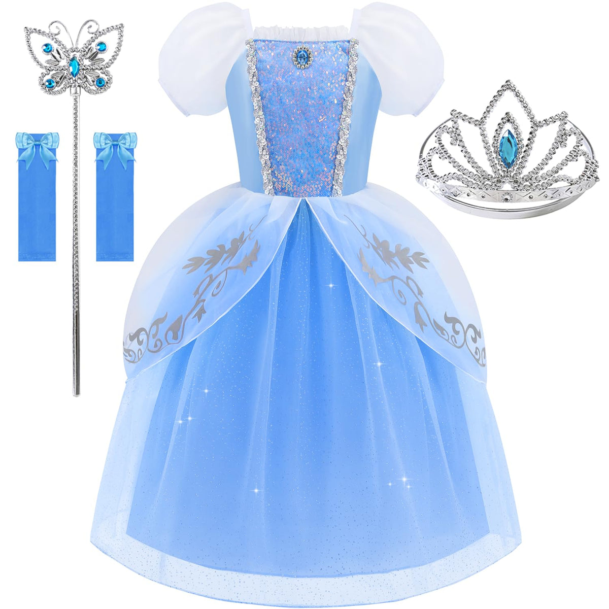 Aolliya Princess Dress blue puff sleeves front view for comfortable dress-up.