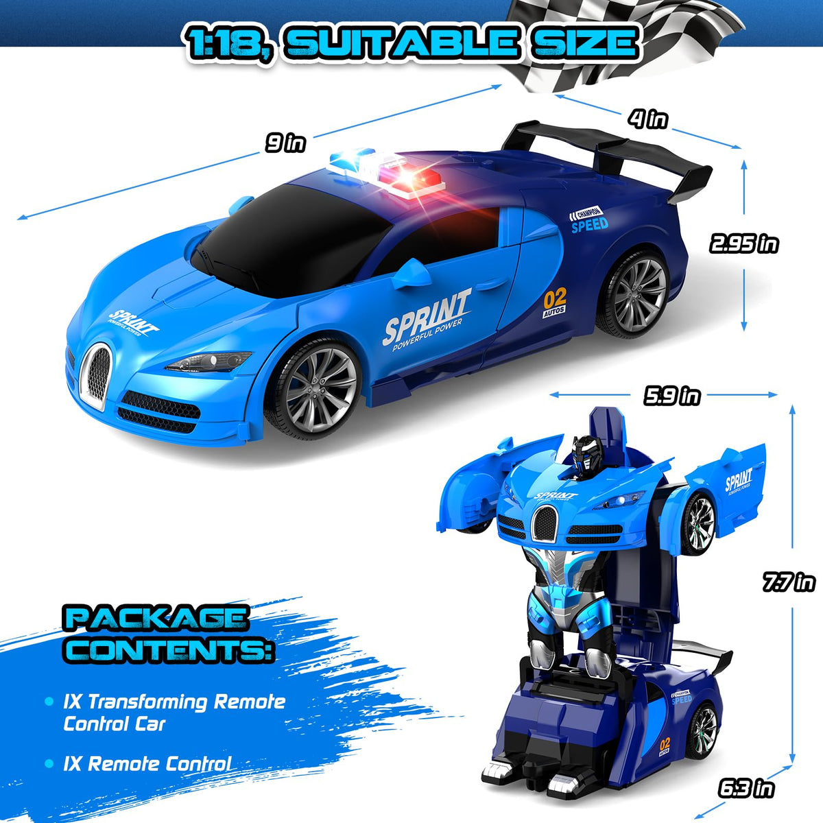 AONEPTR remote control car dual form showcases sports car to robot transformation.
