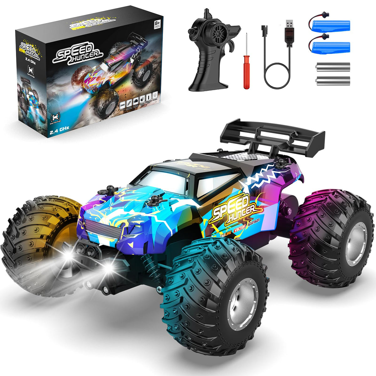AONEPTR remote control car with LED body lights for night play.