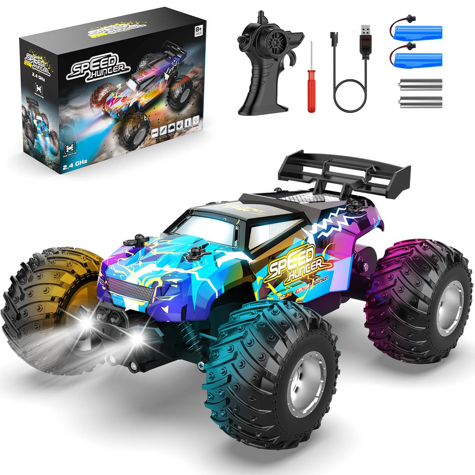 AONEPTR remote control car with LED body lights for night play.