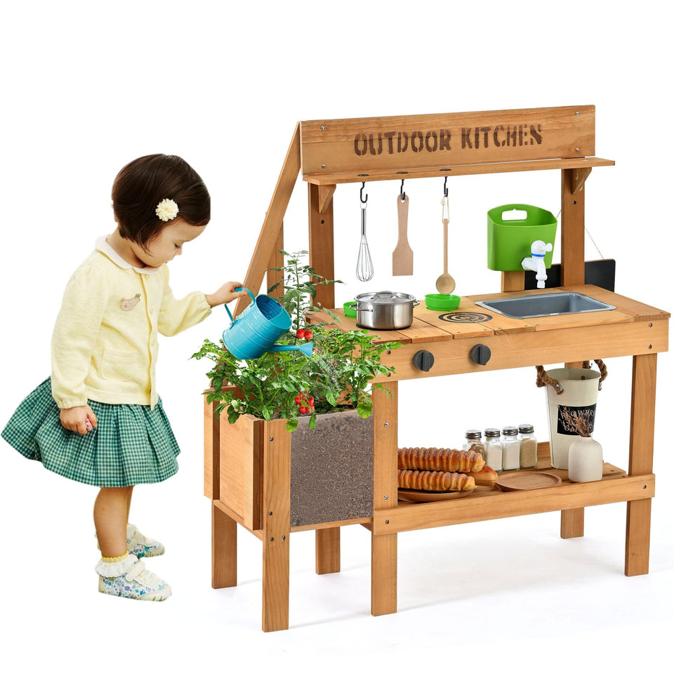 Aoparts Mud Kitchen outdoors with pots and pans for imaginative play.