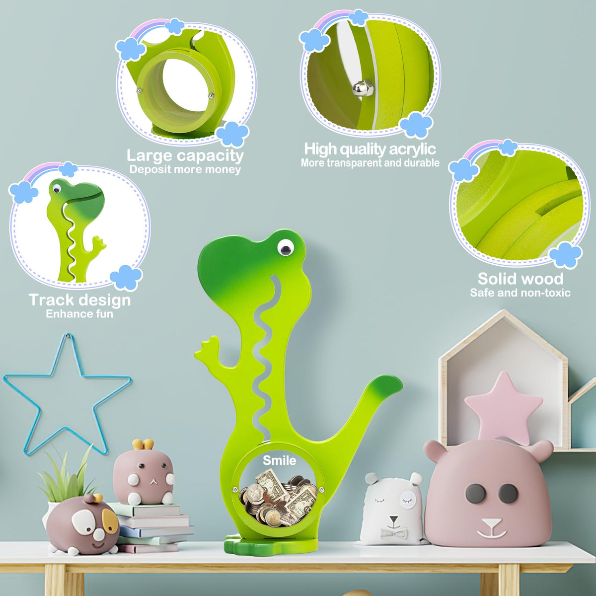 AORCMITN dinosaur piggy bank dino-green color enhances playful room decor.