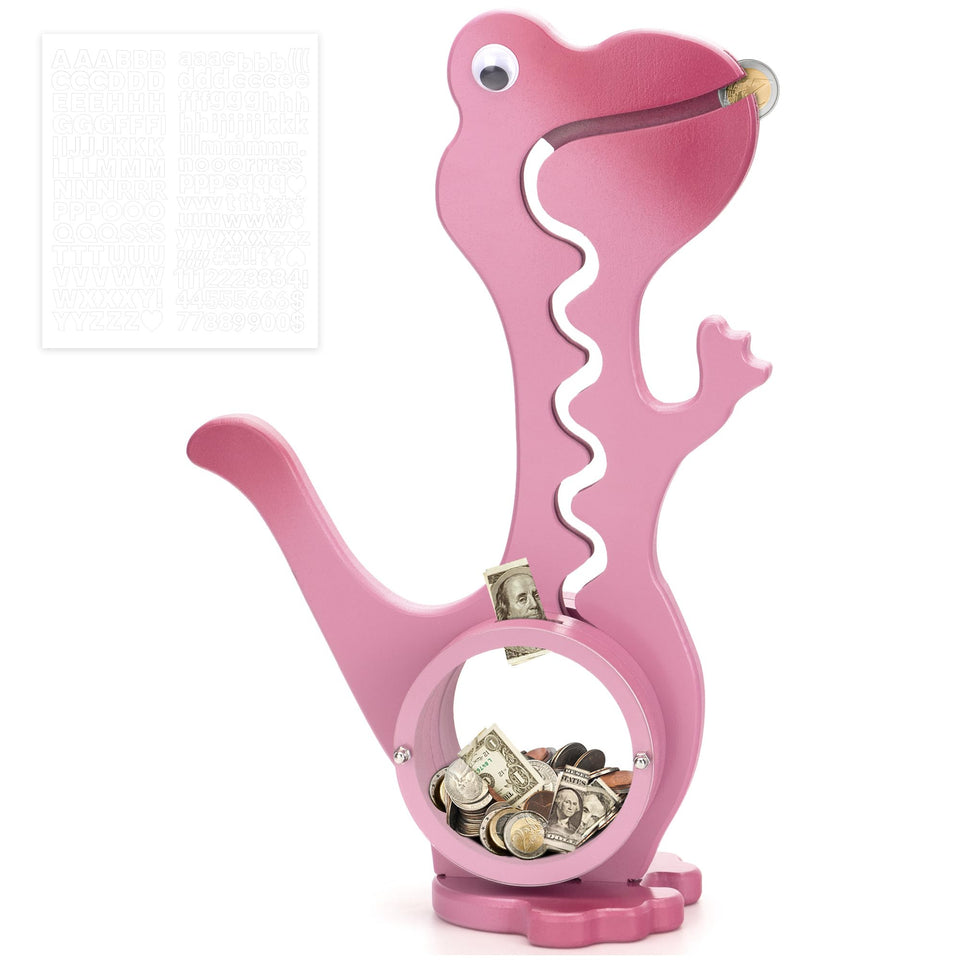 AORCMITN Dino Pink piggy bank shows coin slide for engaging saving moments
