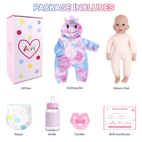 Aori ready-to-gift premium set includes outfit, birth certificate, bottle, pacifier and diaper.
