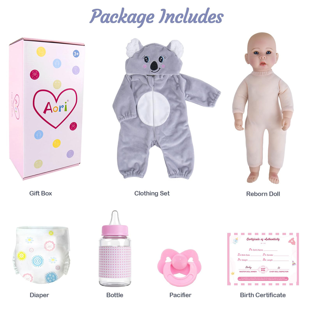 Aori premium gift-set features doll, outfit, birth certificate, and more.