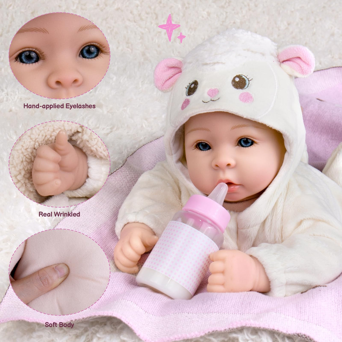 Aori Baby Doll face detail highlights handcrafted expression for imaginative caregiving.