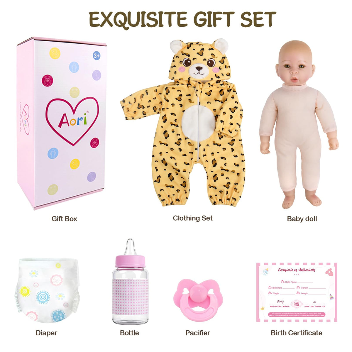 Aori Baby Doll gift box with birth certificate card enhances pretend parenting.
