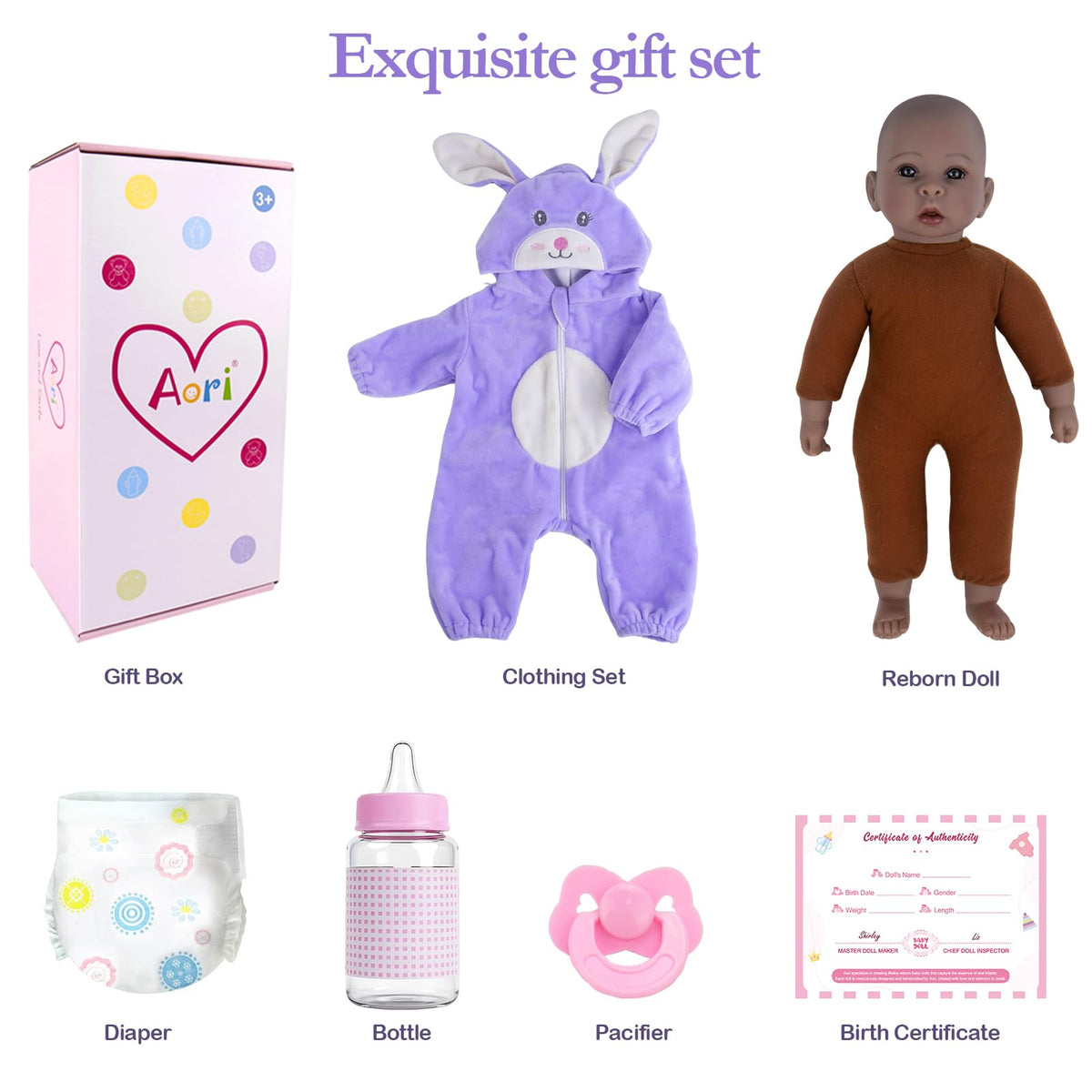 Aori Black Baby Doll 17-inch posed for imaginative play and storytelling.