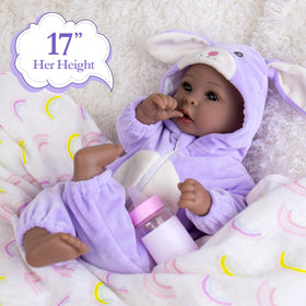 Aori Black Baby Doll 17-inch outfit preview demonstrating newborn clothing options.