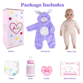 Aori ready-to-gift premium set includes doll, outfit, birth certificate, bottle, pacifier, diaper.