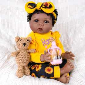 Aori Reborn Baby Doll Black 22in full body view for immersive pretend play.