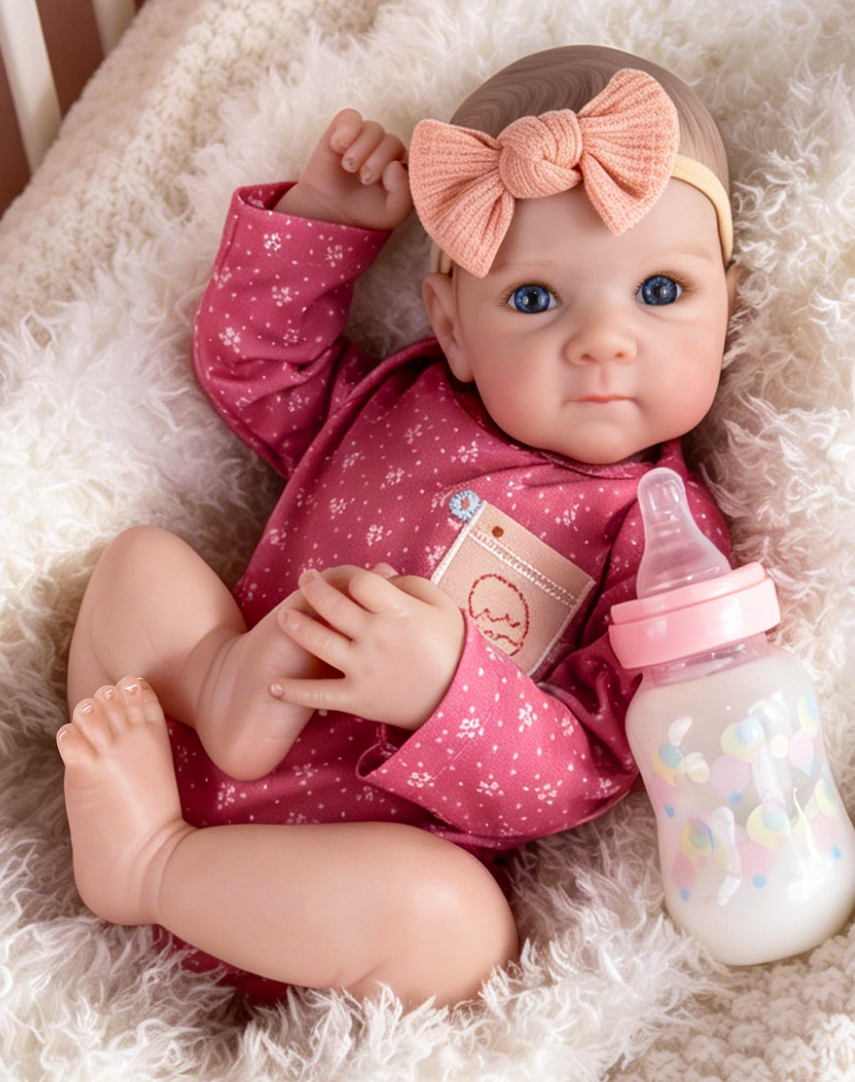 Aori Reborn baby doll girl face close-up with hand-painted features for lifelike appearance, ideal for imaginative play