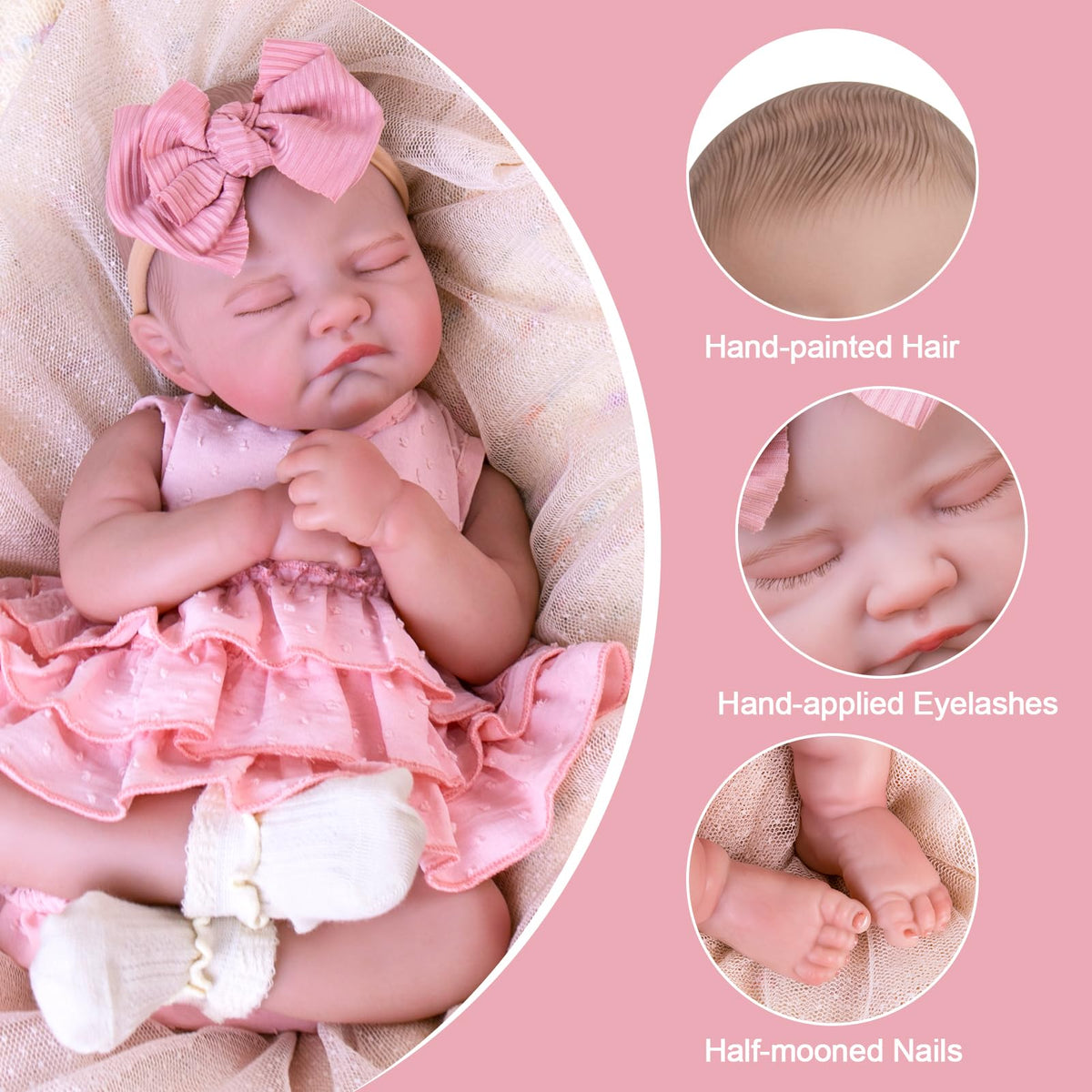 Natural blushing and hand-painted lashes highlight the Aori Reborn doll’s realism