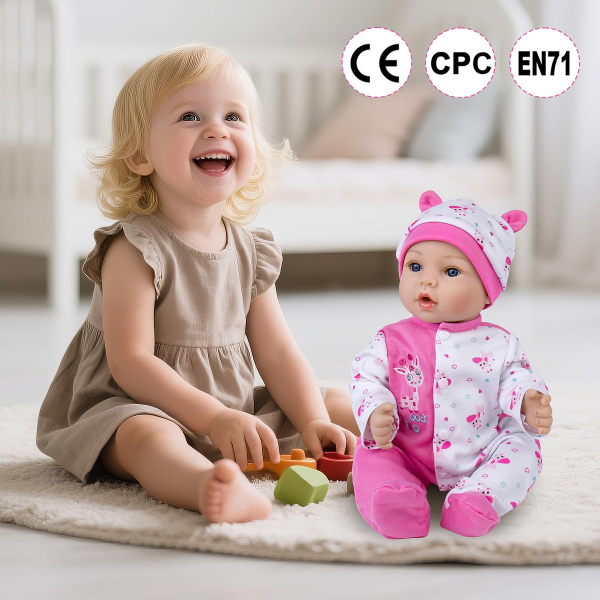 Aori Reborn Baby Dolls Girl pacifier supports soothing routines during pretend caregiving.