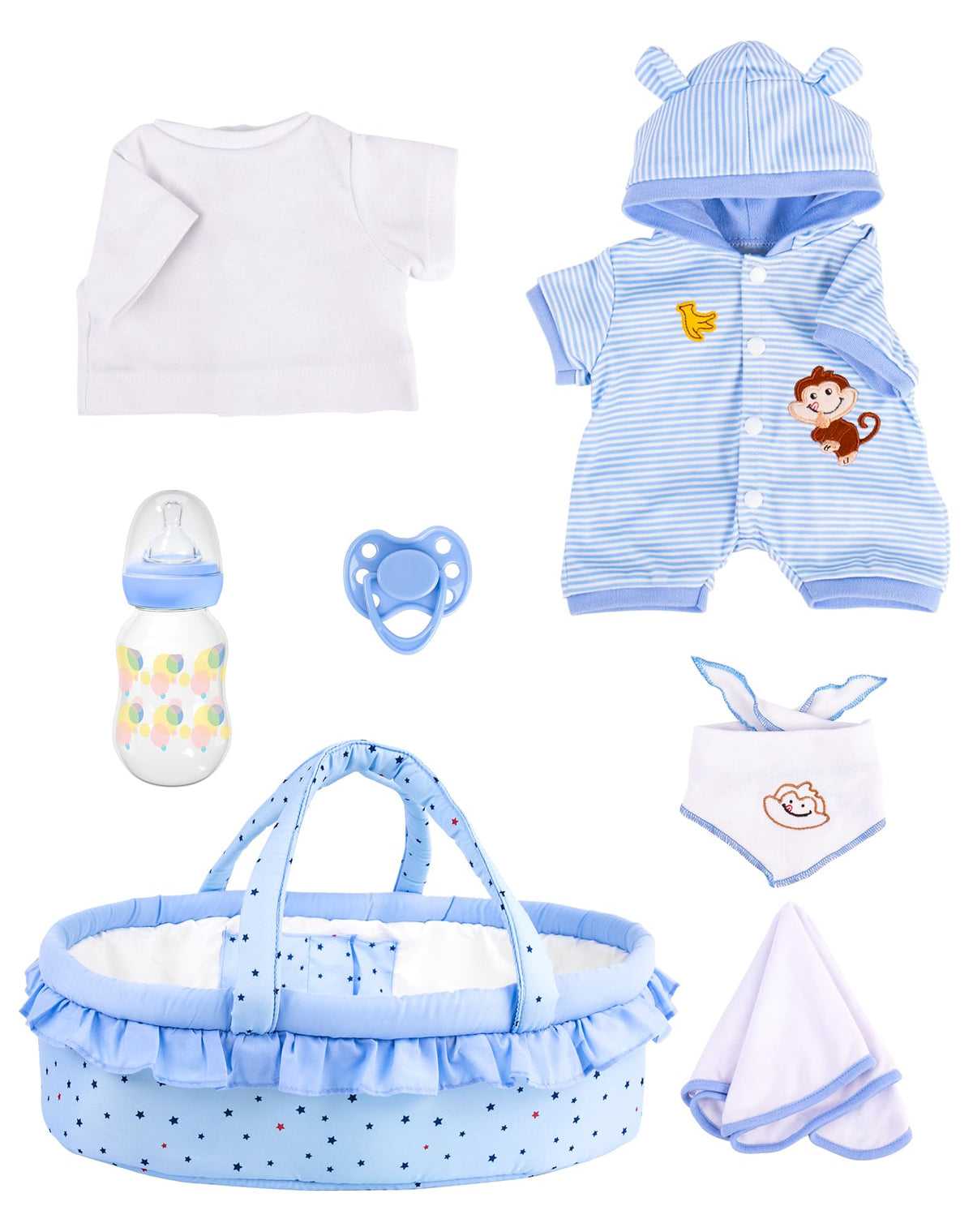 Aori reborn doll bassinet with blue dot design for organized doll play.
