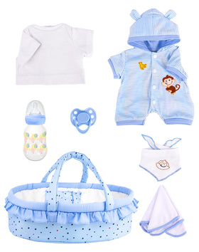 Aori reborn doll bassinet with blue dot design for organized doll play.