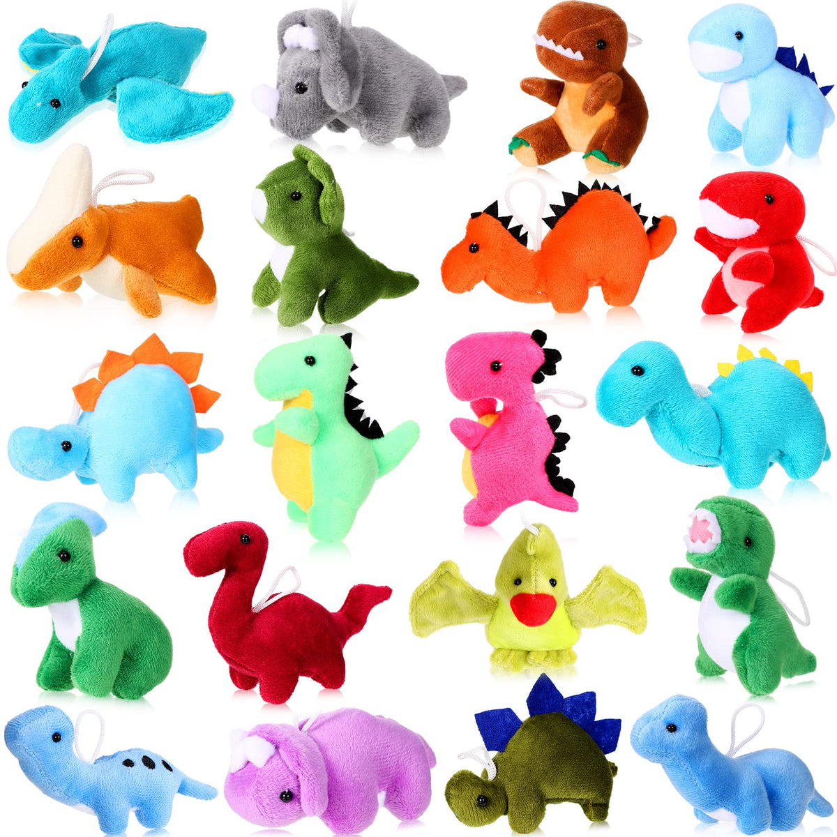 Aoriher 20-pack plush mini dinosaurs in assorted designs for imaginative play.