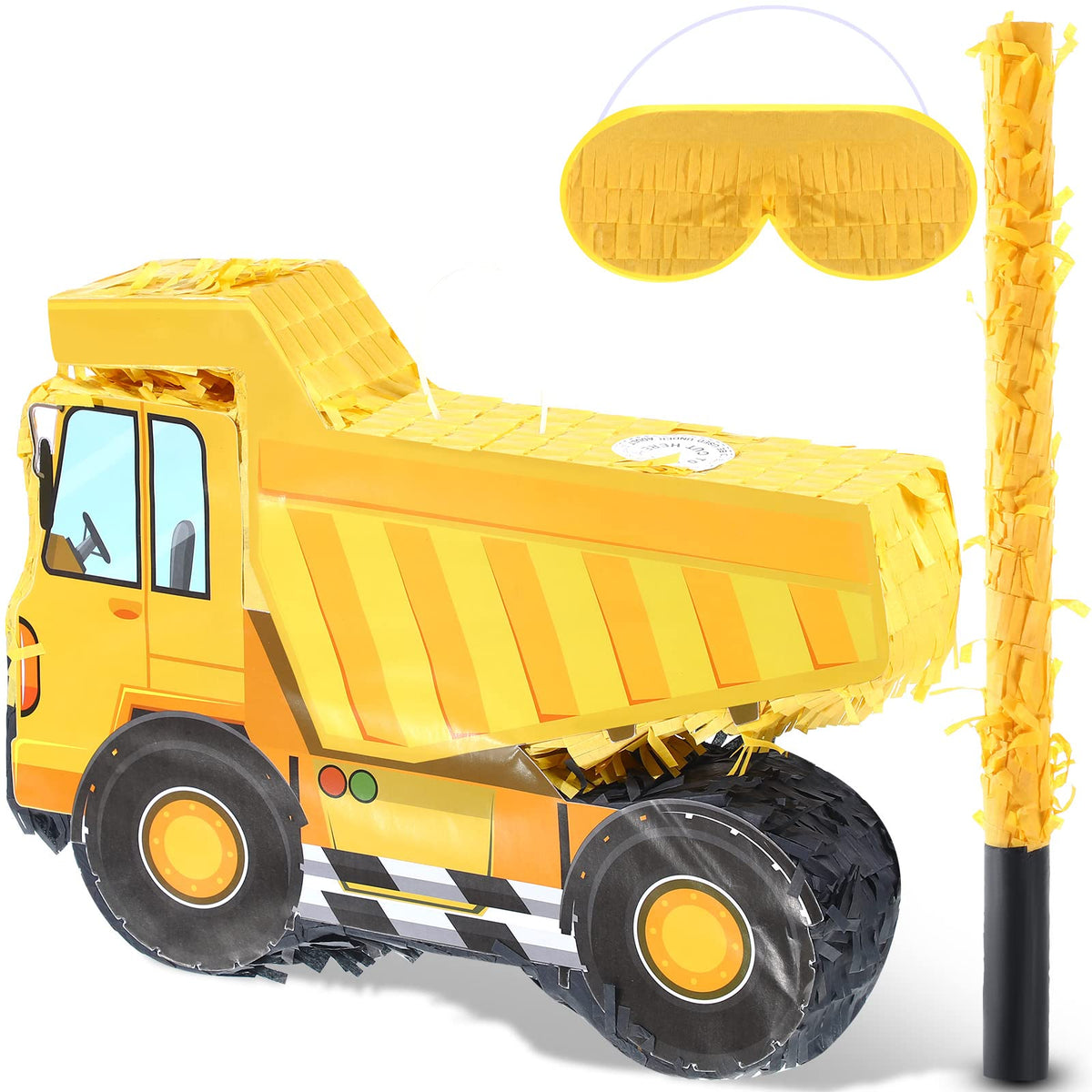 Aoriher dump truck pinata in bright yellow ready for party candy filling.